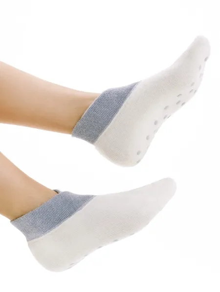 Medima Socken - Fu&szlig;w&auml;rmer (extra weitem B&uuml;ndchen & Rutschstoppern) - Wei&szlig;/Grau
